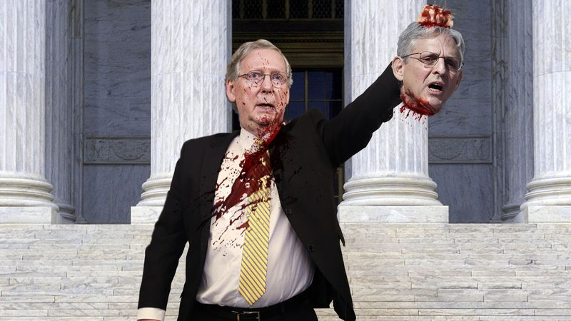 Illustration for article titled Defiant Mitch McConnell Holds Merrick Garland’s Severed Head Aloft In Front Of Capitol Building